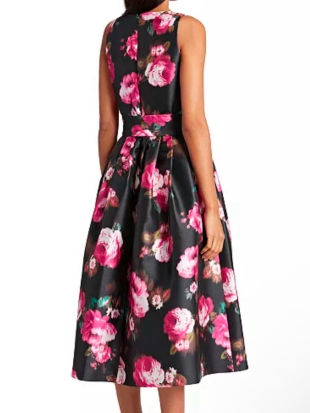 Tahari Black Floral V-Neck Sleeveless Dress with Bow Waist - Picture 7 of 9
